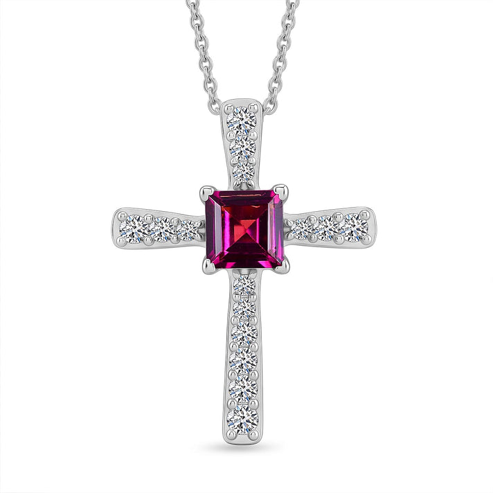 Luxuriant - Natural Radiant Ember Garnet &amp; Lab Grown Diamond (SI-G-H) Cross Pendant with Chain (Size 20) in Rhodium Overlay Sterling Silver 1.12 Ct. 4471622 1