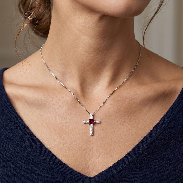 Luxuriant - Natural Radiant Ember Garnet &amp; Lab Grown Diamond (SI-G-H) Cross Pendant with Chain (Size 20) in Rhodium Overlay Sterling Silver 1.12 Ct. 4471622 2