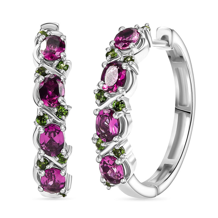 Radiant Ember Garnet &amp; Natural Chrome Diopside Full Hoop Earring in Rhodium Overlay Sterling Silver 2.13 Ct. 8086135 1