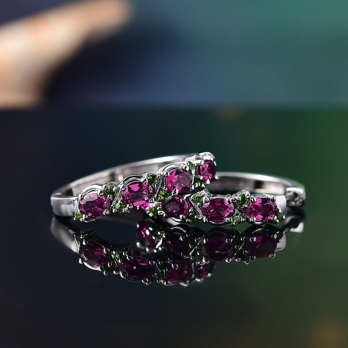 Radiant Ember Garnet &amp; Natural Chrome Diopside Full Hoop Earring in Rhodium Overlay Sterling Silver 2.13 Ct. 8086135 2