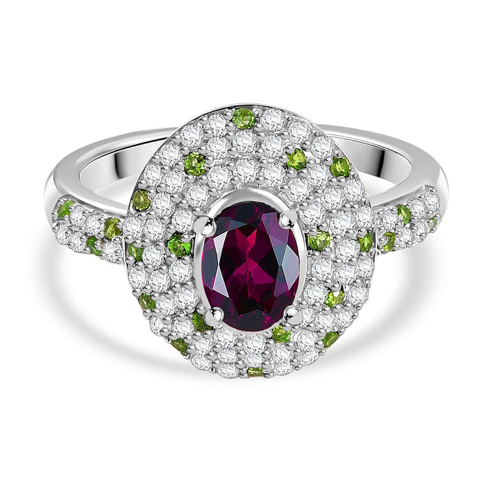 Radiant Ember Garnet, Natural Chrome Diopside &amp; White Zircon Ring in Rhodium Overlay Sterling Silver 2.29 Ct. 8085575 1