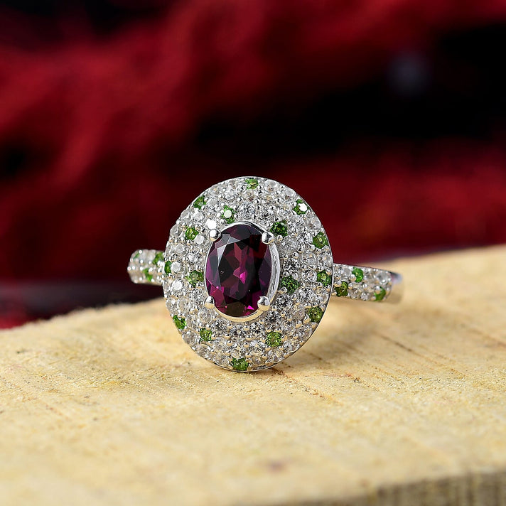 Radiant Ember Garnet, Natural Chrome Diopside &amp; White Zircon Ring in Rhodium Overlay Sterling Silver 2.29 Ct. 8085575 2
