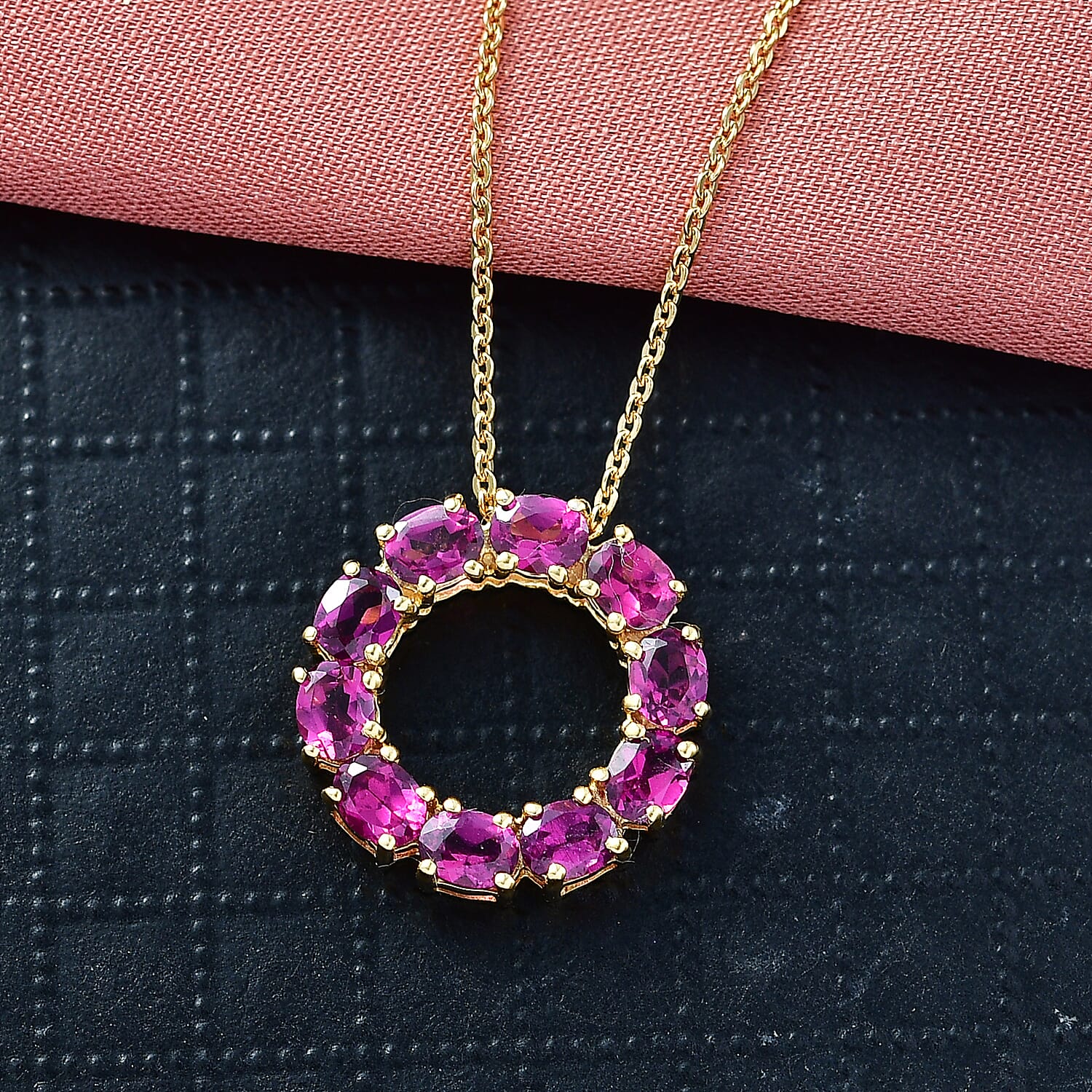 D'Joy Natural Radiant Ember Garnet Circle Pendant with Chain (Size 20) in Yellow Gold Plated Sterling Silver 2.33 Ct. 4450231 2