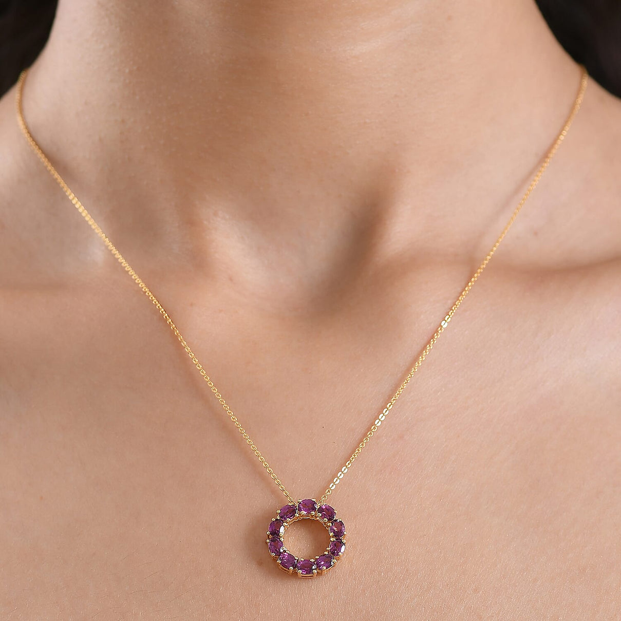 D'Joy Natural Radiant Ember Garnet Circle Pendant with Chain (Size 20) in Yellow Gold Plated Sterling Silver 2.33 Ct. 4450231 3