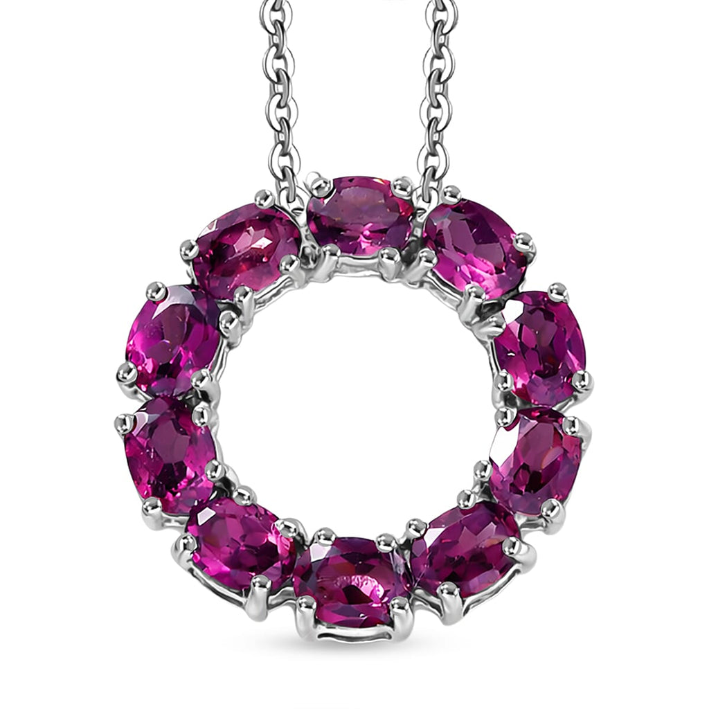 D'Joy Natural Radiant Ember Garnet Circle Pendant with Chain (Size 20) in Platinum Overlay Sterling Silver 2.33 Ct.