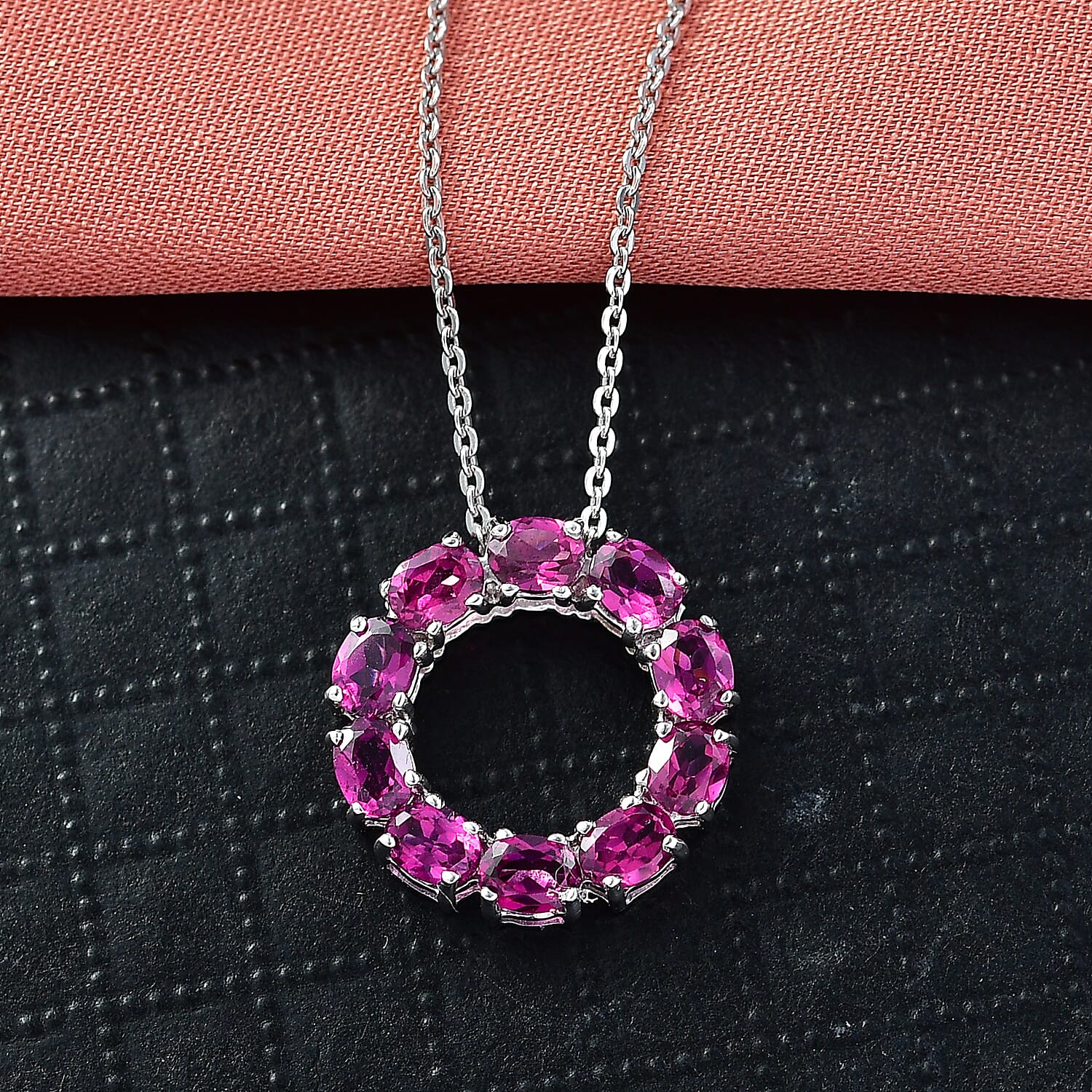D'Joy Natural Radiant Ember Garnet Circle Pendant with Chain (Size 20) in Platinum Overlay Sterling Silver 2.33 Ct. 4450232 2