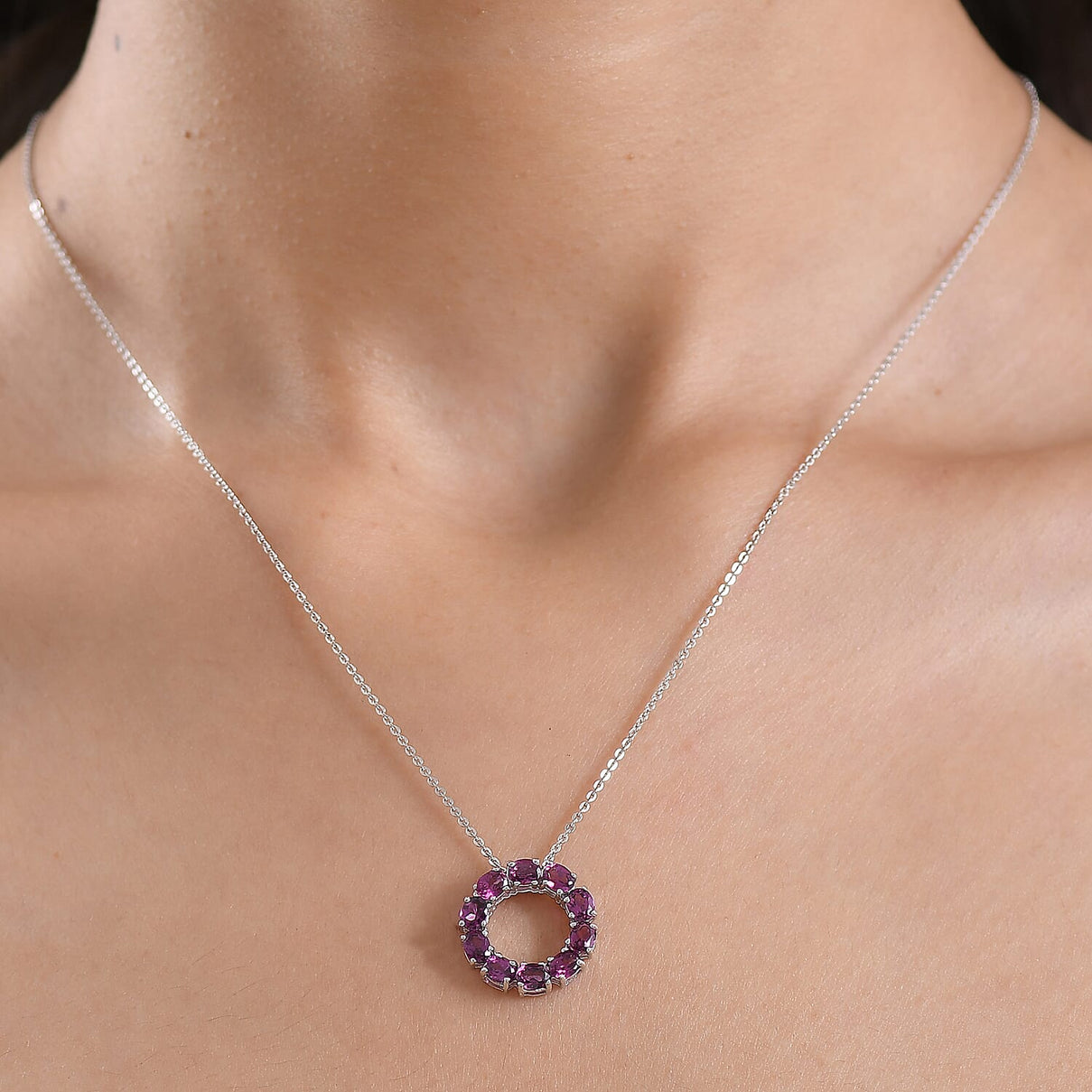 D'Joy Natural Radiant Ember Garnet Circle Pendant with Chain (Size 20) in Platinum Overlay Sterling Silver 2.33 Ct. 4450232 3
