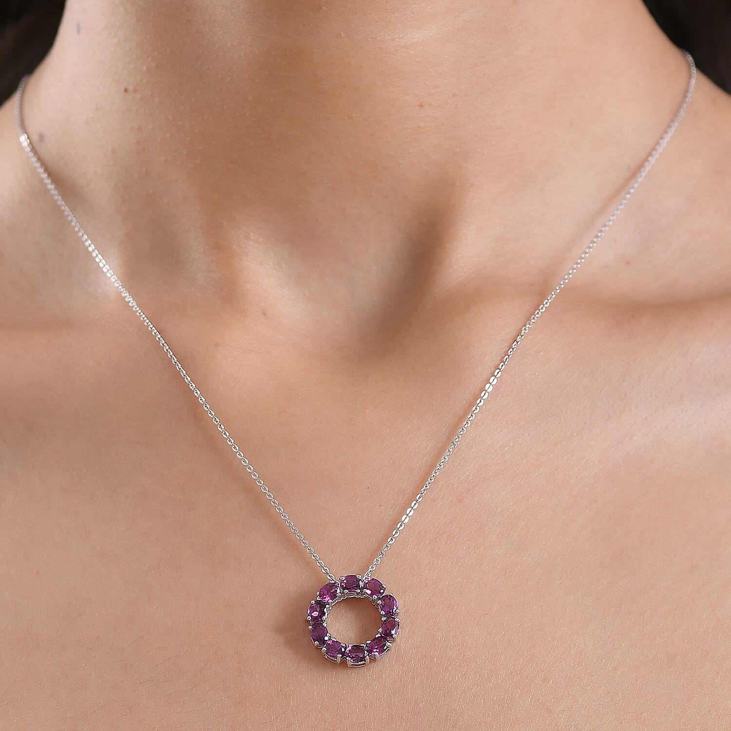 D'Joy Natural Radiant Ember Garnet Circle Pendant with Chain (Size 20) in Platinum Overlay Sterling Silver 2.33 Ct. 4450232 3