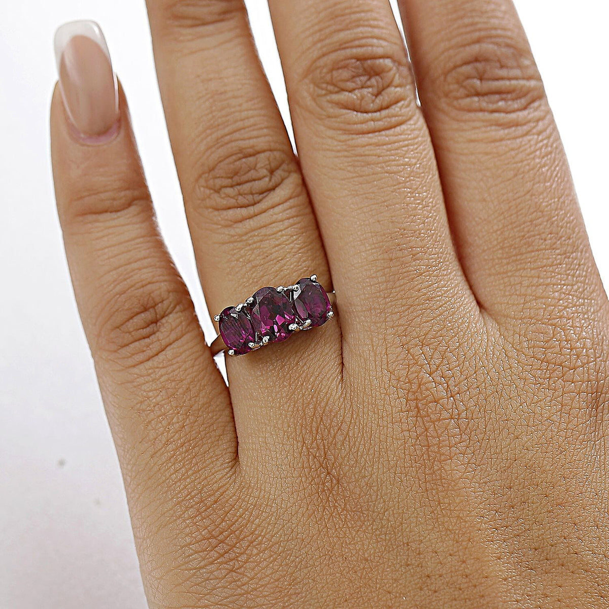 Natural Premium AAA Radiant Ember Garnet Trilogy Ring in Rhodium Overlay Sterling Silver 8036503 3