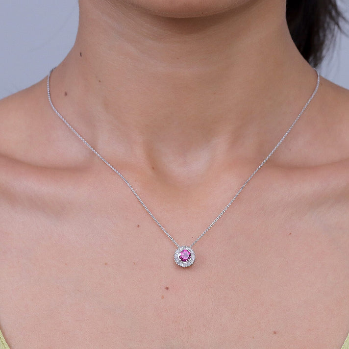 D'Joy - Natural Radiant Ember Garnet &amp; White Diamond Halo Pendant with Chain (Size 20) in Rhodium Overlay Sterling Silver 1.00 Ct. 4471621 2