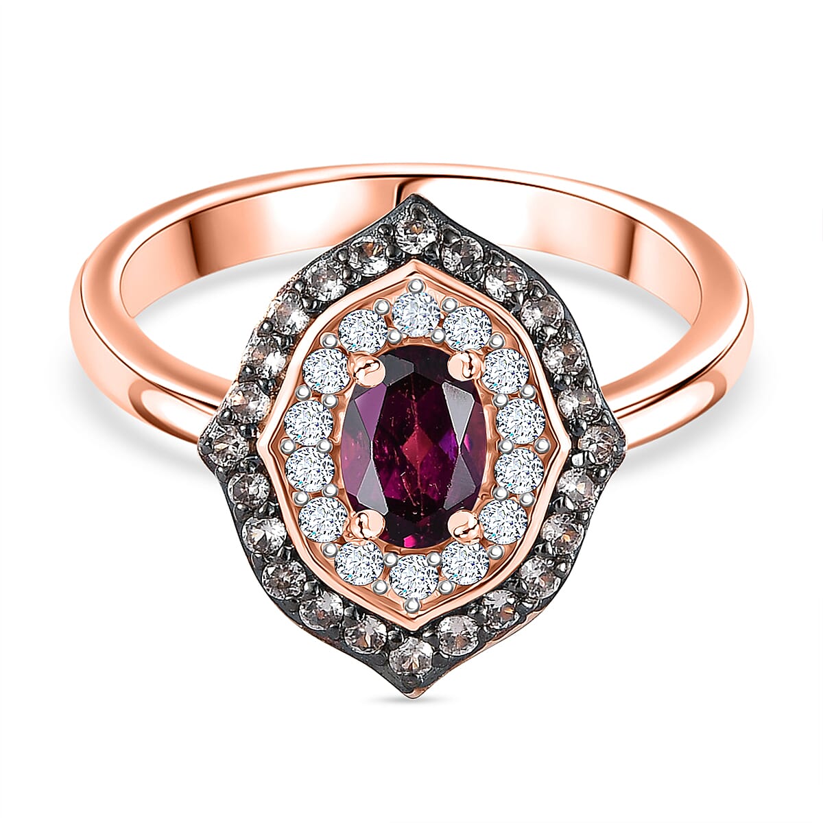 Radiant Ember Garnet, White Zircon and Champagne Zircon Halo Ring in 18K Vermeil Rose Gold Plated Sterling Silver 1.22 Ct 8085202 0