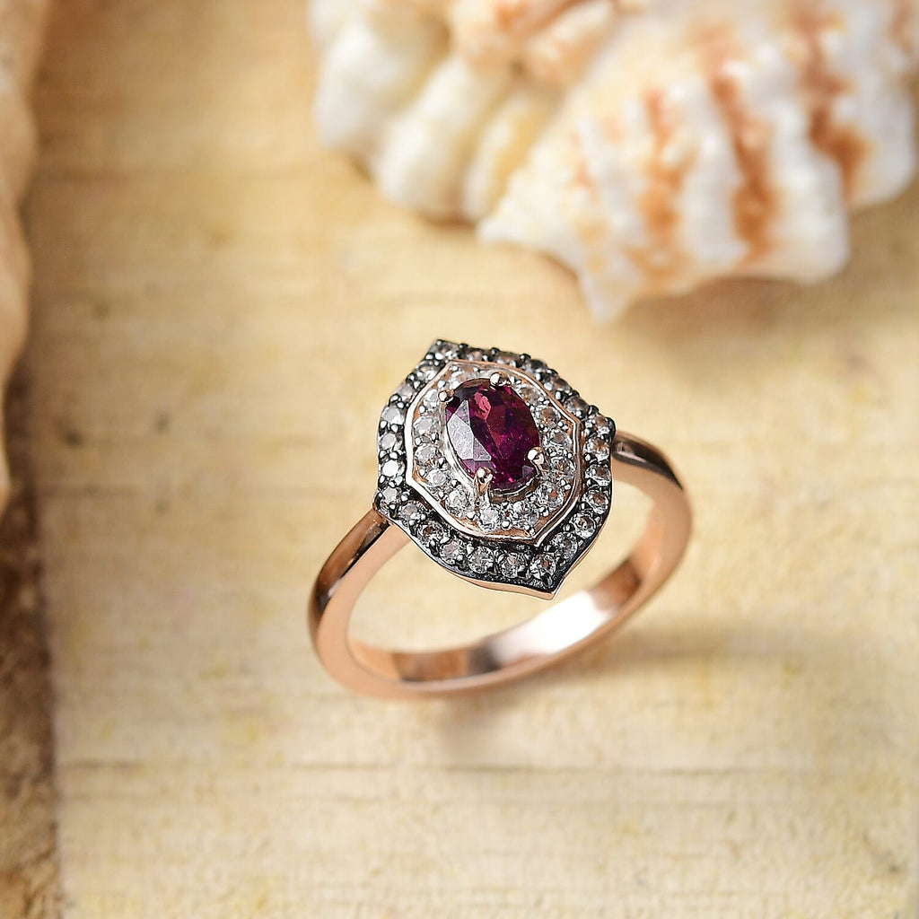 Radiant Ember Garnet, White Zircon & Champagne Zircon Ring in 18K Vermeil Rose Gold Plated Sterling Silver 1.22 Ct.