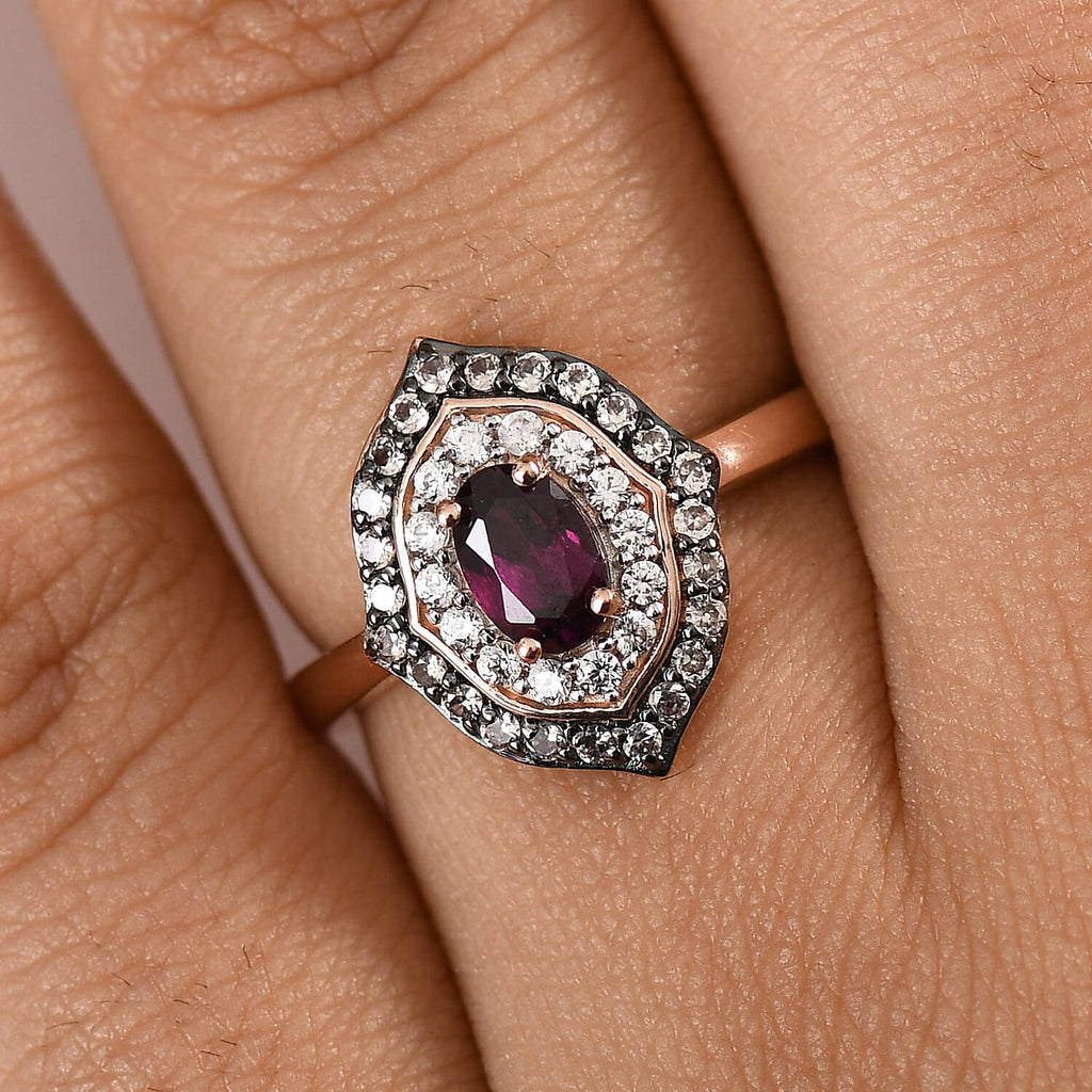 Radiant Ember Garnet, White Zircon & Champagne Zircon Ring in 18K Vermeil Rose Gold Plated Sterling Silver 1.22 Ct.