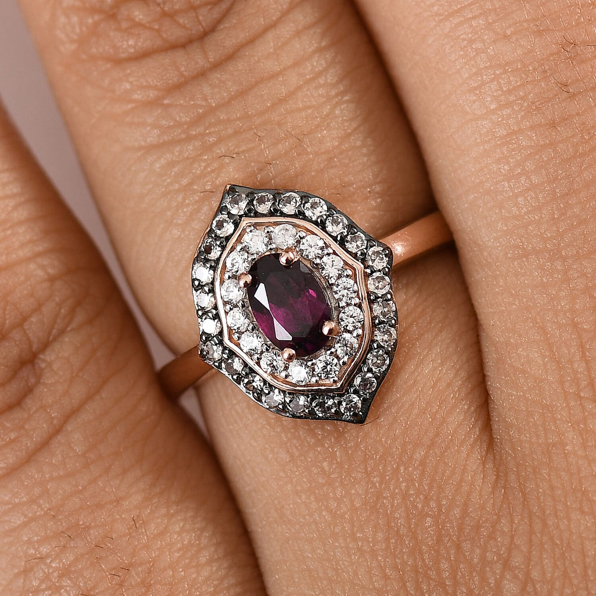 Radiant Ember Garnet, White Zircon and Champagne Zircon Halo Ring in 18K Vermeil Rose Gold Plated Sterling Silver 1.22 Ct 8085202 3