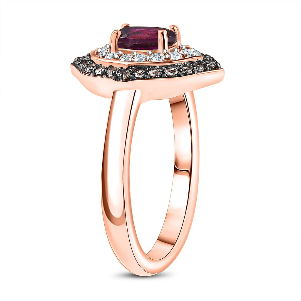 Radiant Ember Garnet, White Zircon & Champagne Zircon Ring in 18K Vermeil Rose Gold Plated Sterling Silver 1.22 Ct.