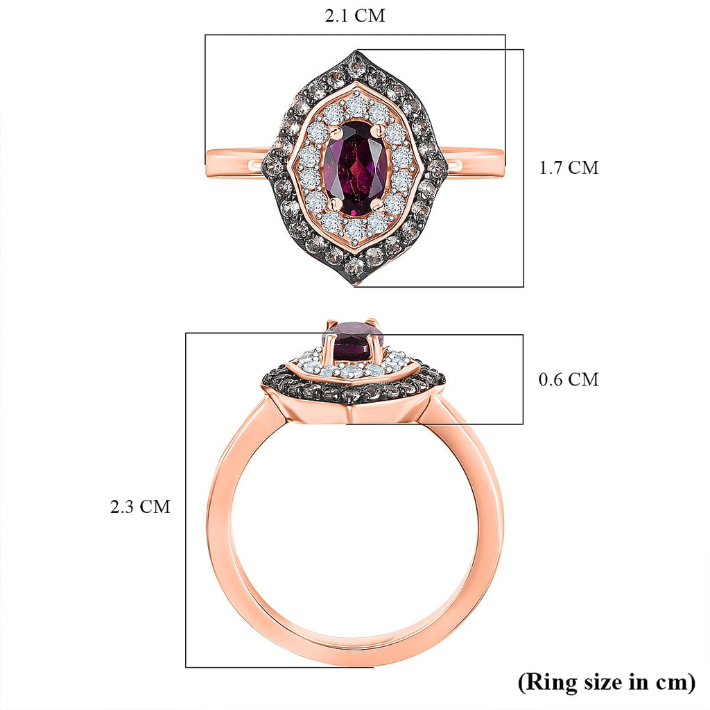 Radiant Ember Garnet, White Zircon & Champagne Zircon Ring in 18K Vermeil Rose Gold Plated Sterling Silver 1.22 Ct.