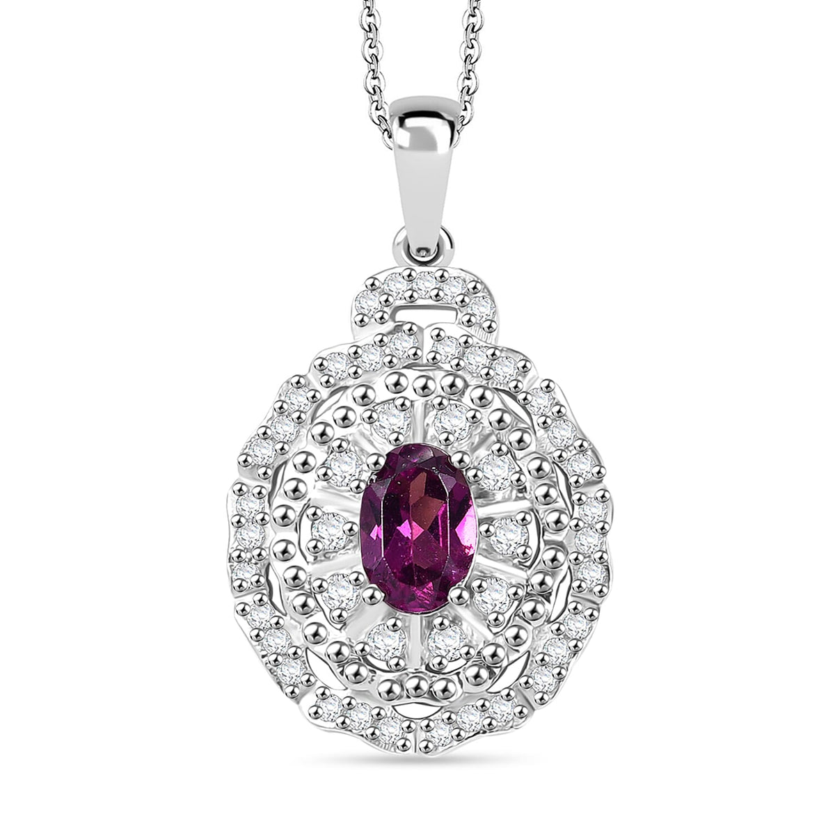 Radiant Ember Garnet &amp; White Zircon Pendant with Chain (Size 20) in Rhodium Overlay Sterling Silver 0.93 Ct. 4366246 0