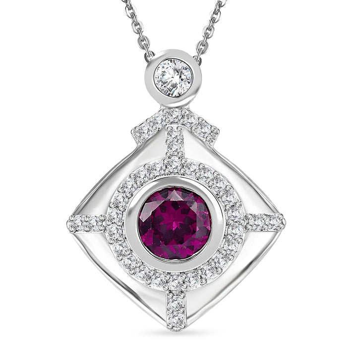 D'Joy - Natural Radiant Ember Garnet &amp; White Zircon Geometric Halo Drop Pendant with Chain (Size 20) in Rhodium Overlay Sterling Silver 1.00 Ct. 4471617 1