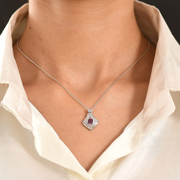 D'Joy - Natural Radiant Ember Garnet &amp; White Zircon Geometric Halo Drop Pendant with Chain (Size 20) in Rhodium Overlay Sterling Silver 1.00 Ct. 4471617 2