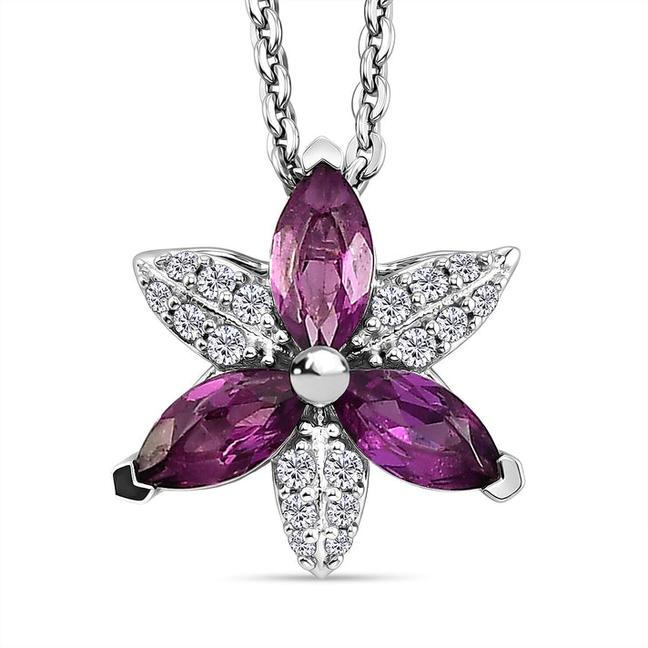 D'Joy - Natural Radiant Ember Garnet &amp; White Zircon Floral Pendant with Chain (Size 20) in Rhodium Overlay Sterling Silver 4471889 1