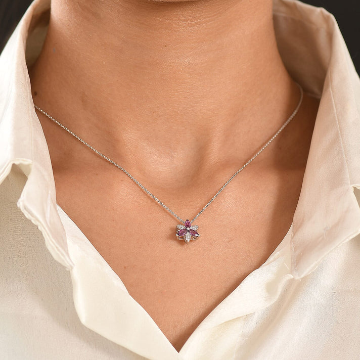 D'Joy - Natural Radiant Ember Garnet &amp; White Zircon Floral Pendant with Chain (Size 20) in Rhodium Overlay Sterling Silver 4471889 2