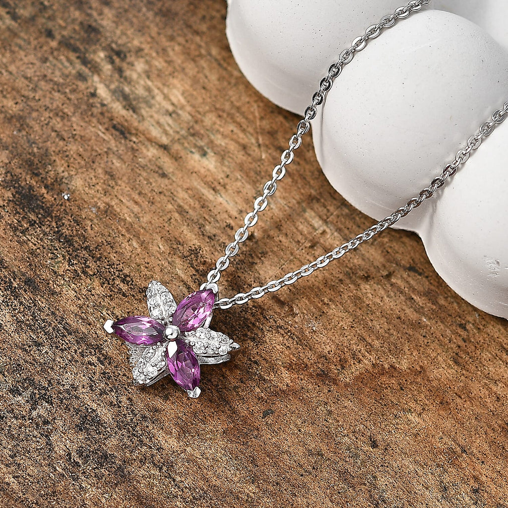 D'Joy - Radiant Ember Garnet & White Zircon Floral Pendant with Chain (Size 20) in Rhodium Overlay Sterling Silver
