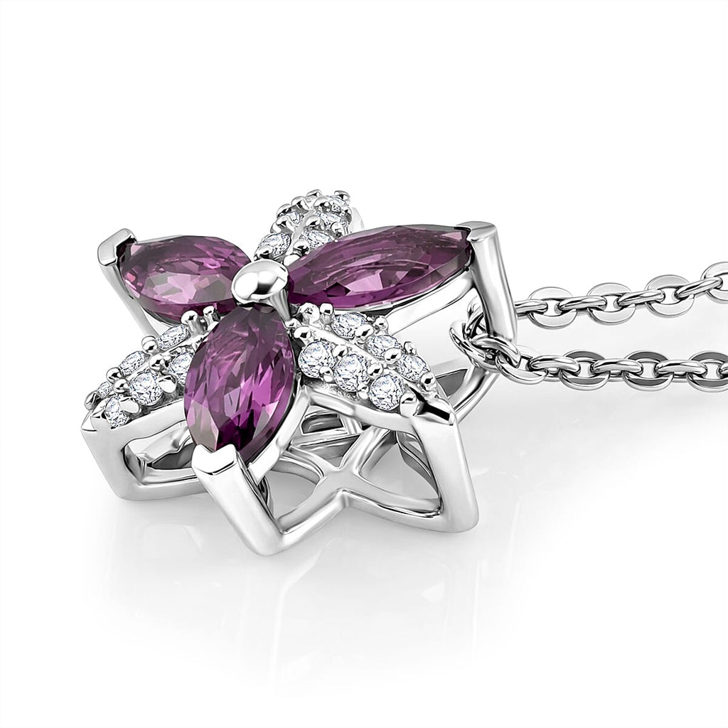 D'Joy - Radiant Ember Garnet & White Zircon Floral Pendant with Chain (Size 20) in Rhodium Overlay Sterling Silver