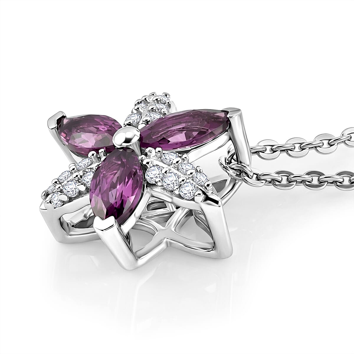D'Joy - Natural Radiant Ember Garnet &amp; White Zircon Floral Pendant with Chain (Size 20) in Rhodium Overlay Sterling Silver V32518966 4