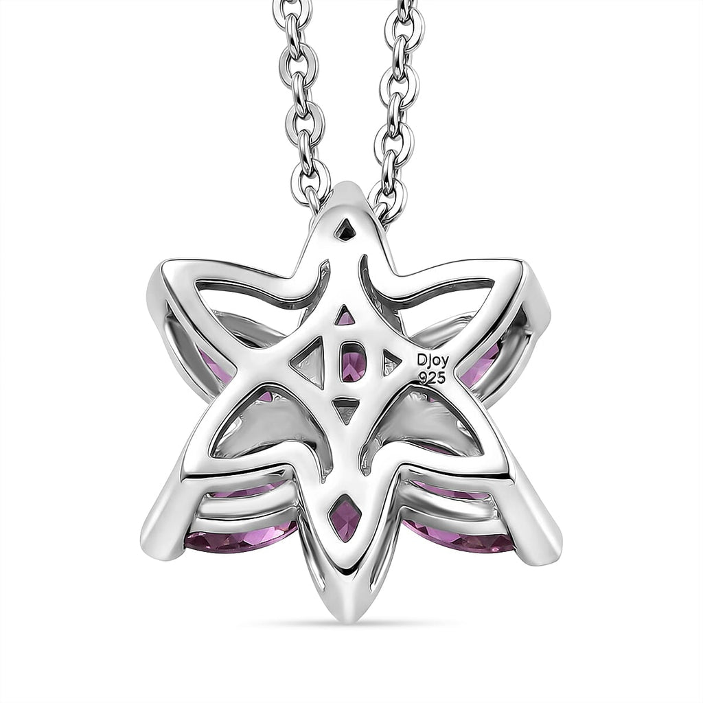 D'Joy - Radiant Ember Garnet & White Zircon Floral Pendant with Chain (Size 20) in Rhodium Overlay Sterling Silver