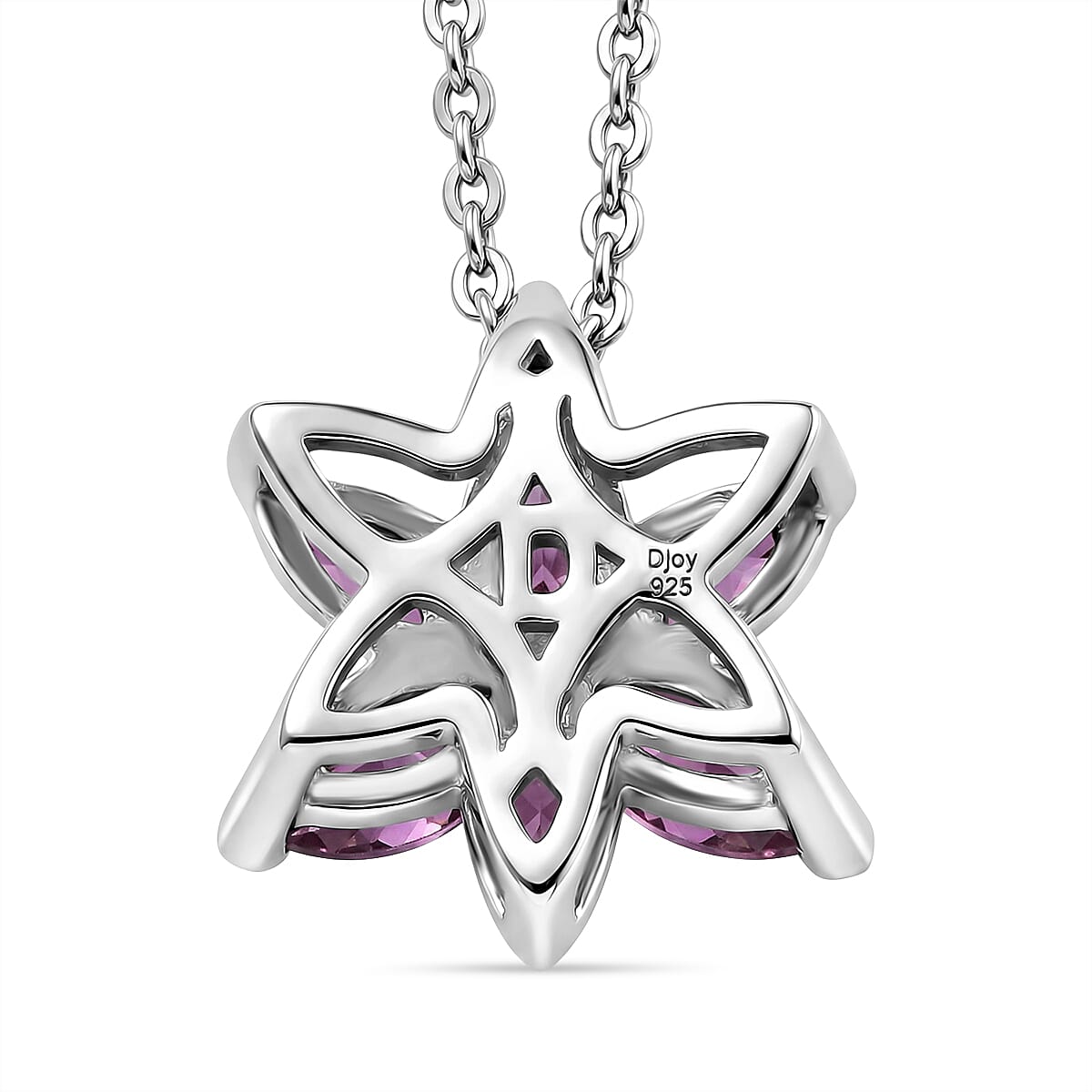 D'Joy - Natural Radiant Ember Garnet &amp; White Zircon Floral Pendant with Chain (Size 20) in Rhodium Overlay Sterling Silver V32518966 5