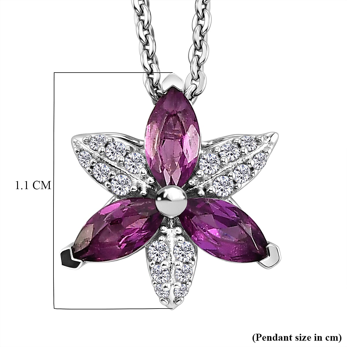 D'Joy - Natural Radiant Ember Garnet &amp; White Zircon Floral Pendant with Chain (Size 20) in Rhodium Overlay Sterling Silver V32518966 6