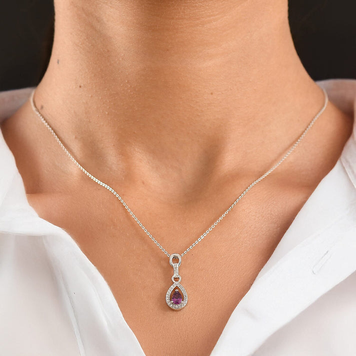 D'Joy - Radiant Ember Garnet &amp; White Zircon Pendant with Chain (Size 20) in Rhodium Overlay Sterling Silver 4473580 2