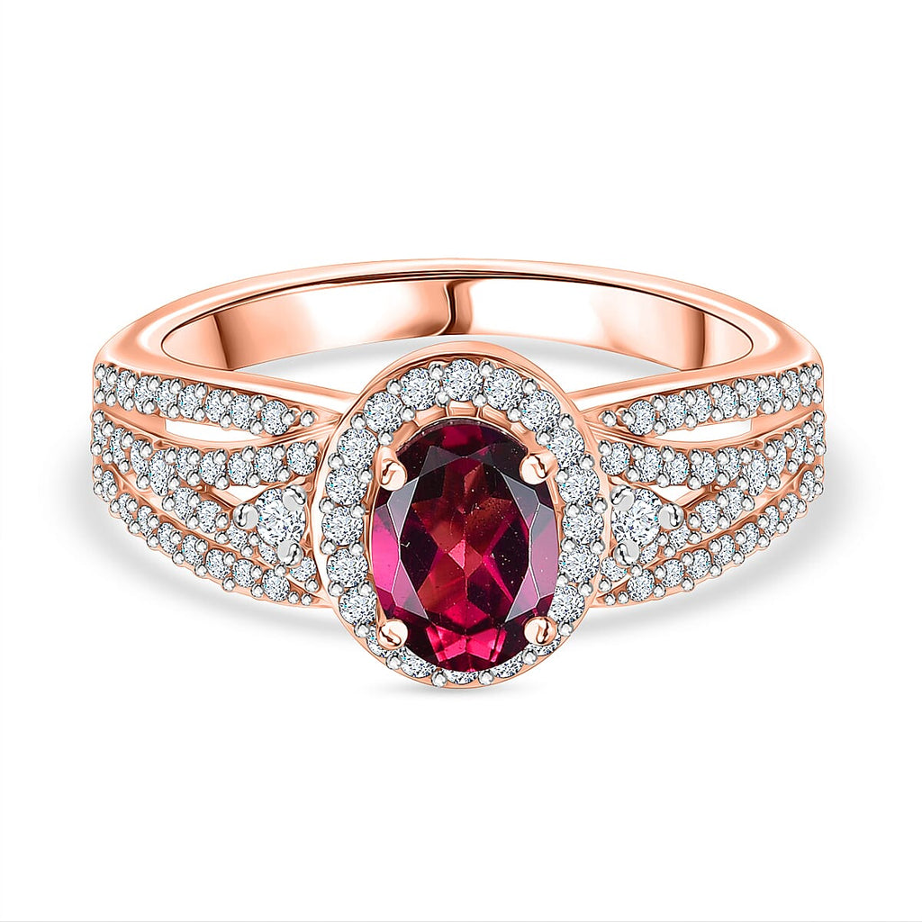 Radiant Ember Garnet & White Zircon Ring in 18K Vermeil Rose Gold Plated Sterling Silver 1.62 Ct.