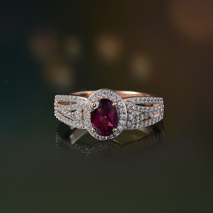 Radiant Ember Garnet, White Zircon Halo Ring in 18K Vermeil Rose Gold Plated Sterling Silver 1.62 Ct. 8084790 2