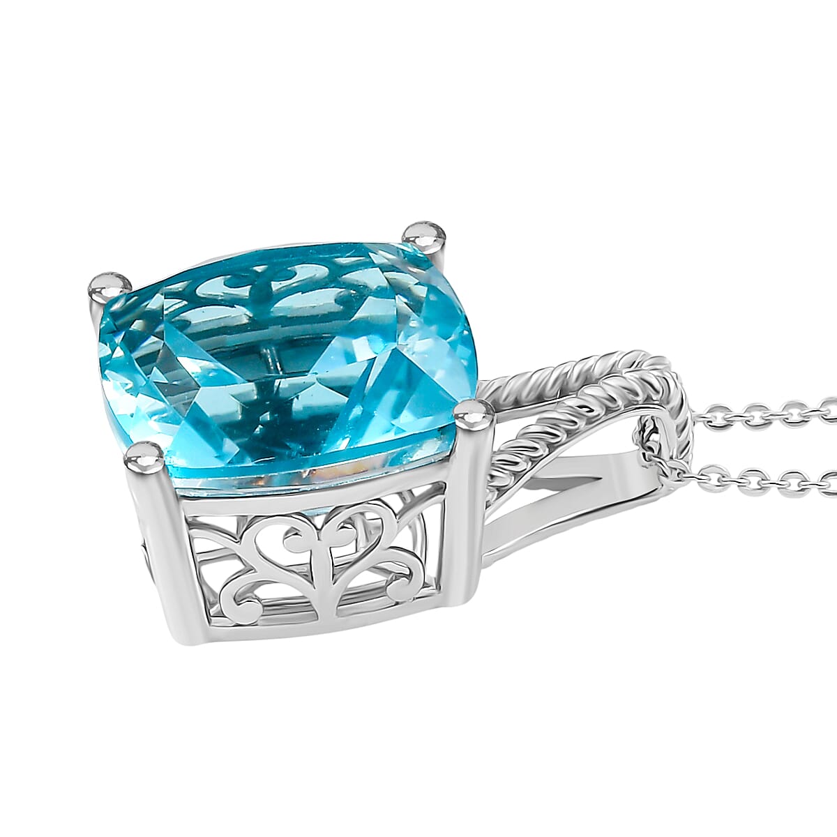 Radiant Glacier Quartz Pendant with Chain (Size 20) in Rhodium Overlay Sterling Silver 12.00 Ct. 4393338 4