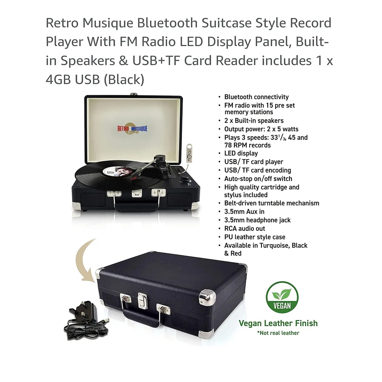 Suitcase Style Bluetooth Turntable with FM Radio &amp; 4GB USB - Black 7792242 1