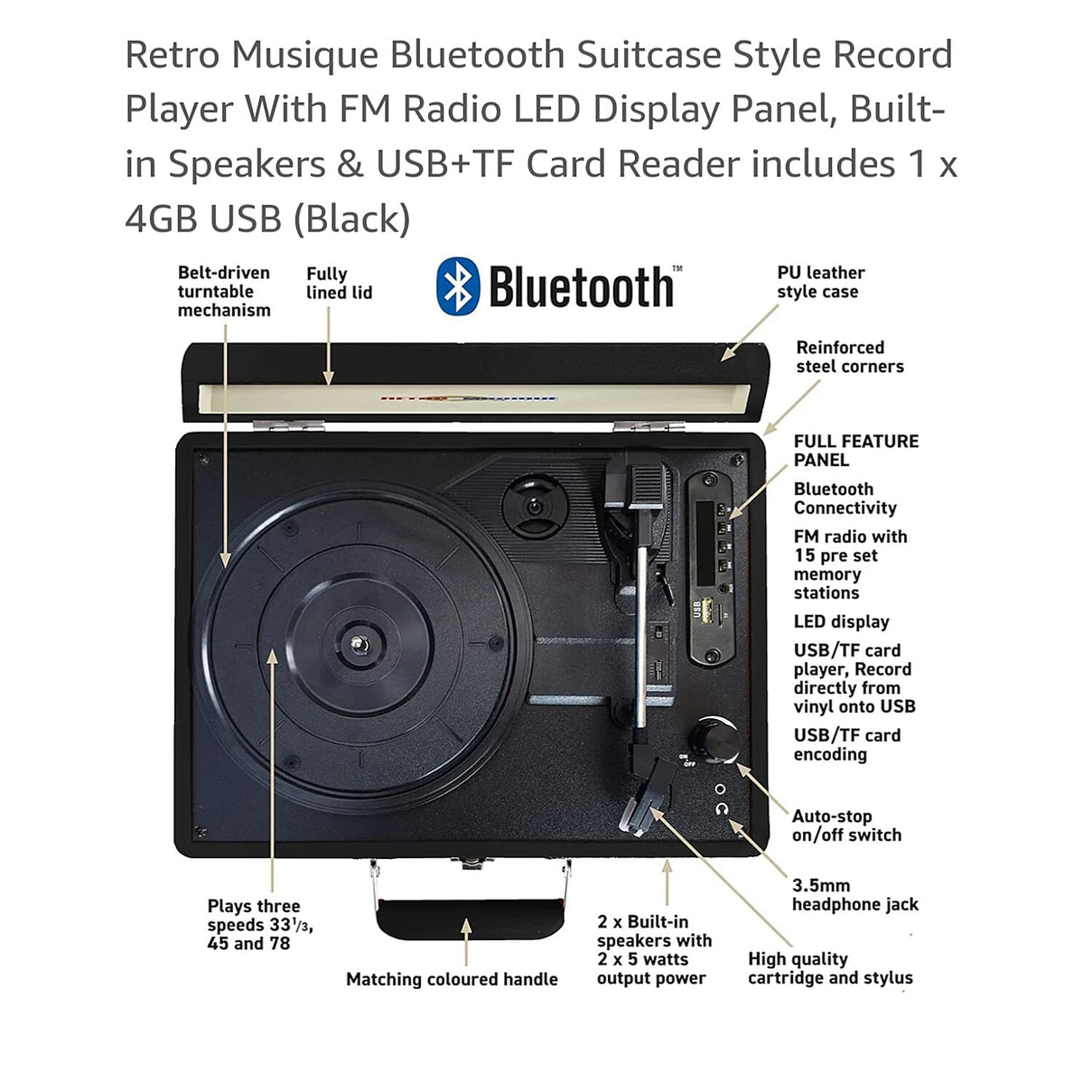 Suitcase Style Bluetooth Turntable with FM Radio &amp; 4GB USB - Black 7792242 2