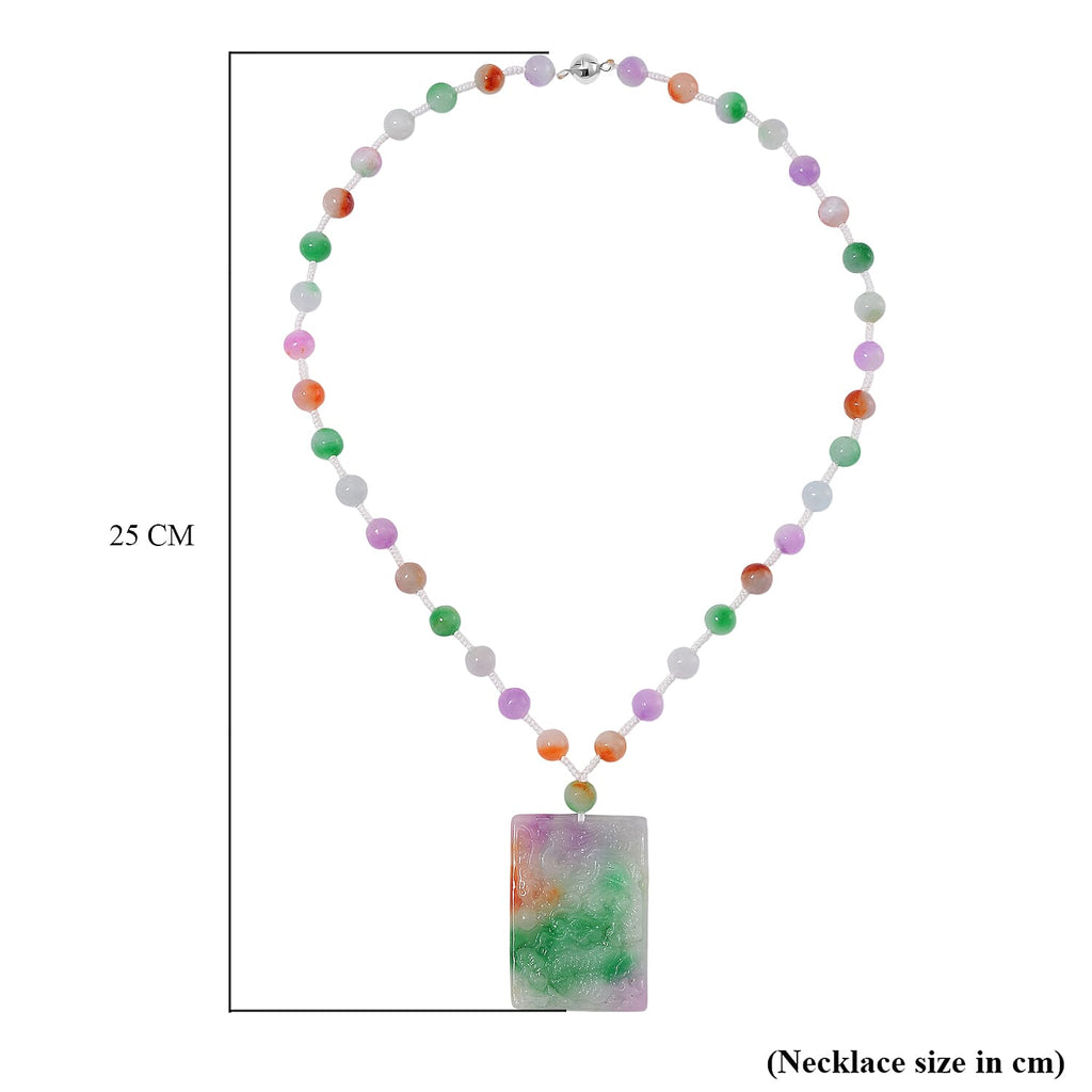Rainbow Colour Dragon Carved Jade Necklace (Size 20) in Rhodium Overlay Sterling Silver 300.00 Ct.