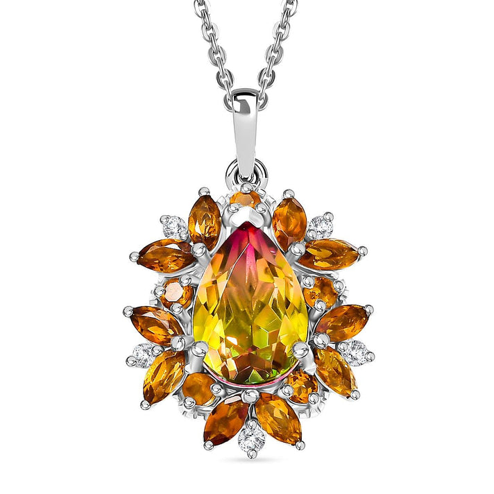D'joy Rainbow Genesis Quartz, Citrine &amp; White Zircon Aurora Bloom Pendant with Chain (Size 20) in Rhodium Overlay Sterling Silver 3.23 Ct. 4393227 1