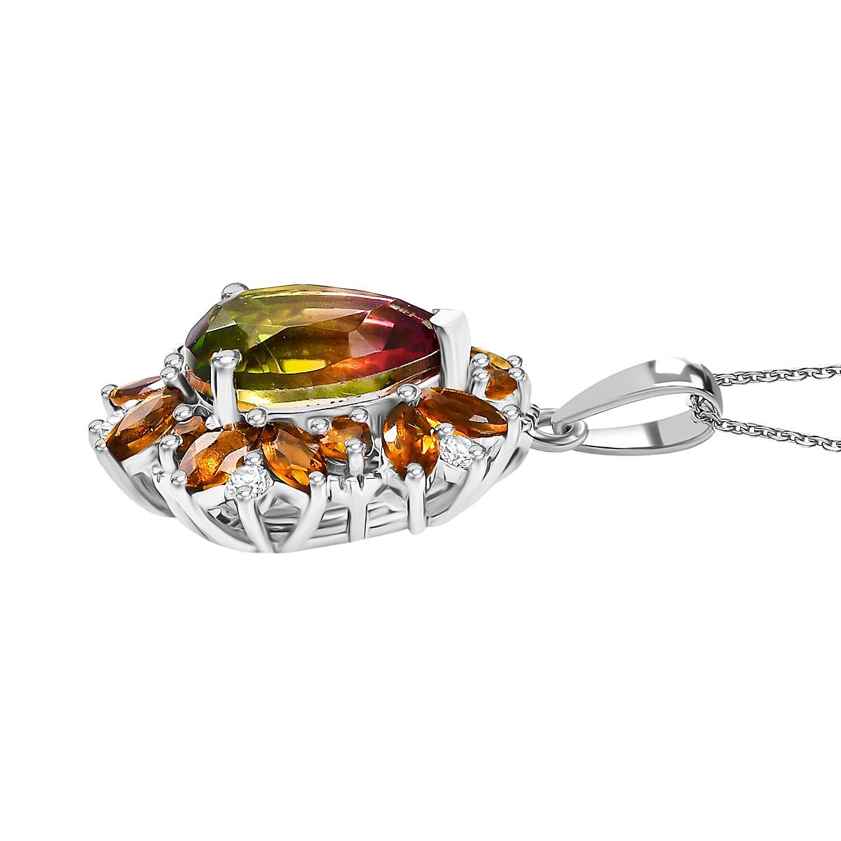 D'joy Rainbow Genesis Quartz, Citrine &amp; White Zircon Aurora Bloom Pendant with Chain (Size 20) in Rhodium Overlay Sterling Silver 3.23 Ct. 4393227 4