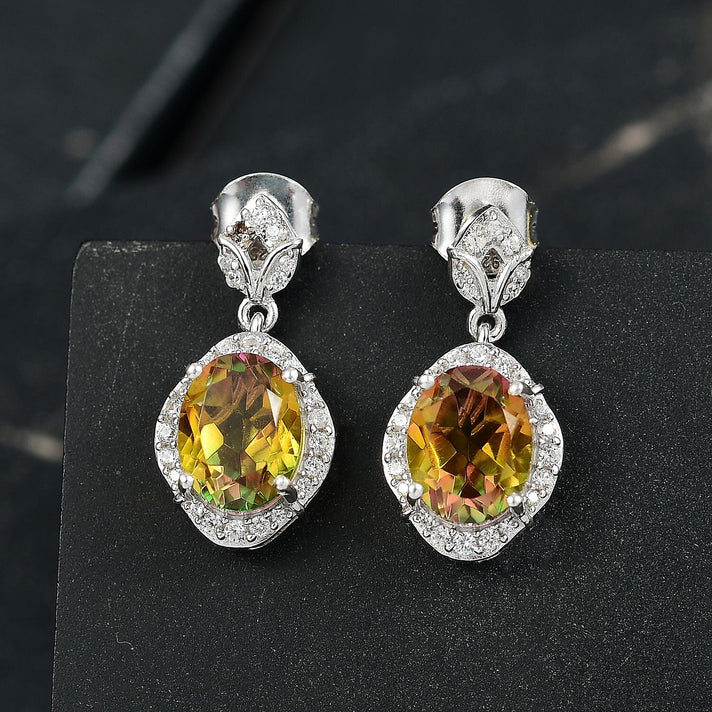D'joy Rainbow Genesis Quartz, White Zircon Dangling Blossom Radiance Earring with Push Back in Rhodium Overlay Sterling Silver 4.69 Ct. 8165207 2