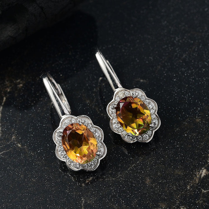 D'joy Rainbow Genesis Quartz &amp; White Zircon J Hoop Half Hoop Twilight Blossom Earring with Lever Back in Rhodium Overlay Sterling Silver 4.63 Ct. 8166233 2