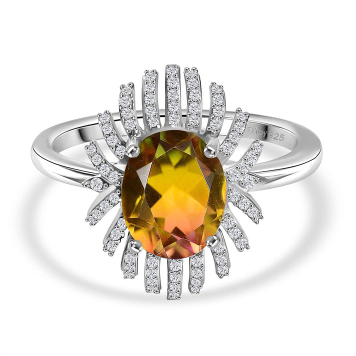 D'joy Rainbow Genesis Quartz &amp; White Zircon Sunburst Glow Ring in Rhodium Overlay Sterling Silver 3.44 Ct. 8168415 1