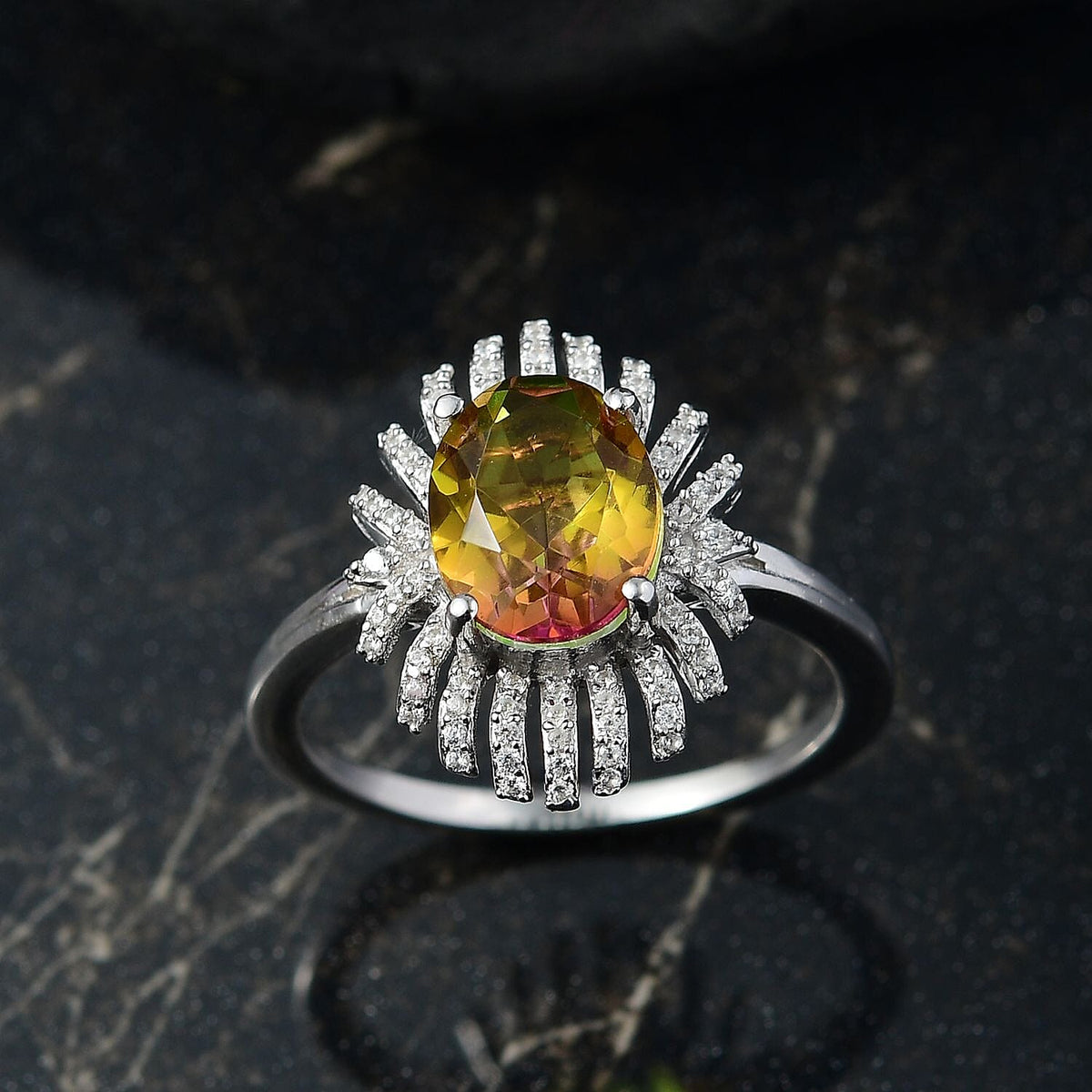 D'joy Rainbow Genesis Quartz &amp; White Zircon Sunburst Glow Ring in Rhodium Overlay Sterling Silver 3.44 Ct. 8168415 2