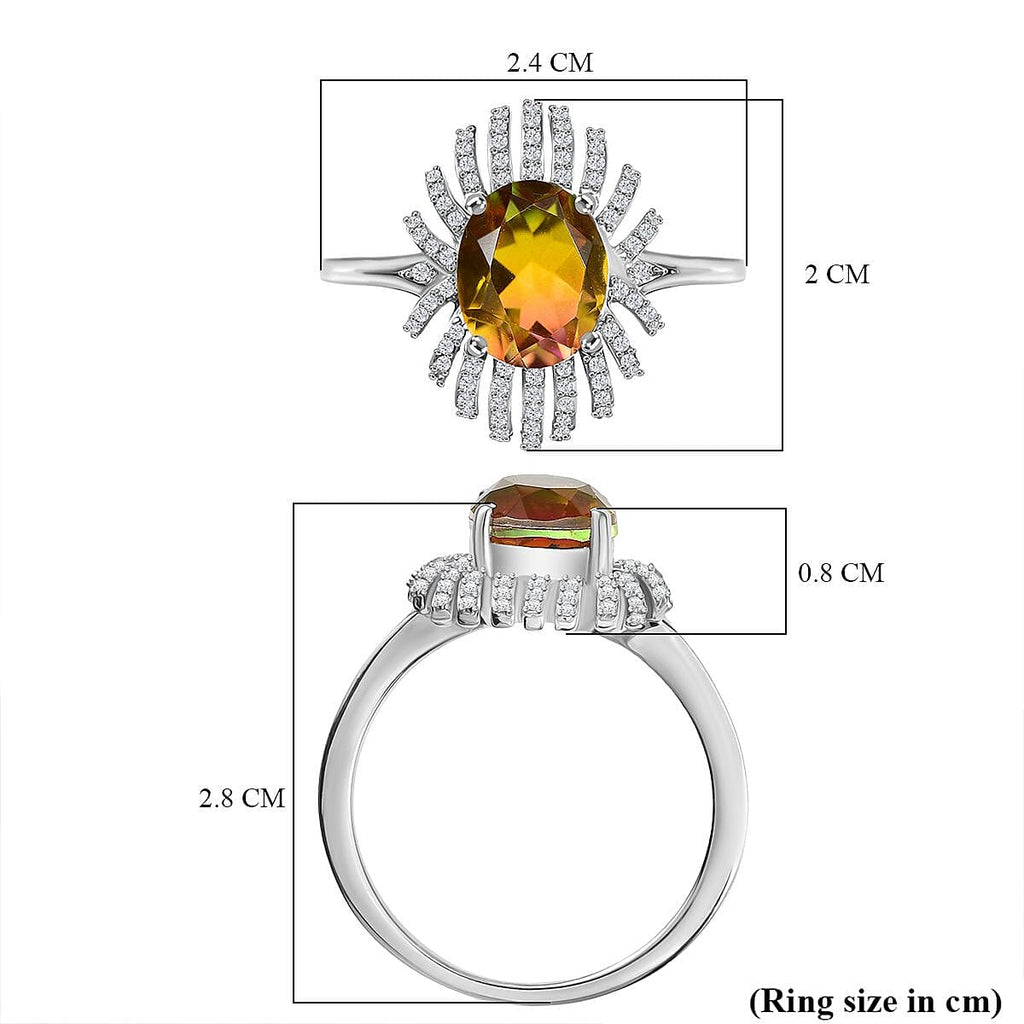 D'joy Rainbow Genesis Quartz & White Zircon Sunburst Glow Ring in Rhodium Overlay Sterling Silver 3.44 Ct.