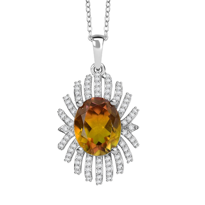 D'joy Rainbow Genesis Quartz &amp; White Zircon Sunburst Glow Pendant with Chain (Size 20) in Rhodium Overlay Sterling Silver 3.44 Ct. 4390130 1