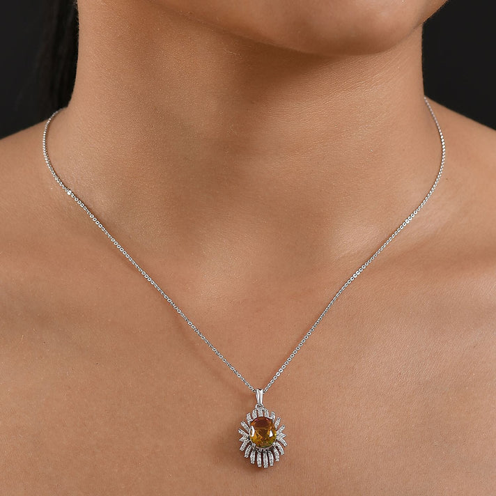 D'joy Rainbow Genesis Quartz &amp; White Zircon Sunburst Glow Pendant with Chain (Size 20) in Rhodium Overlay Sterling Silver 3.44 Ct. 4390130 2