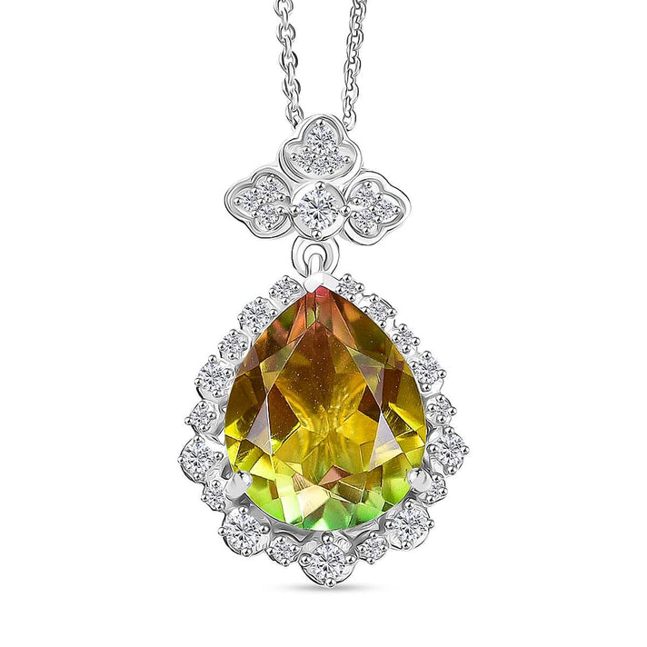 D'joy Rainbow Genesis Quartz &amp; White Zircon Floral Halo Pendant with Chain (Size 20) in Rhodium Overlay Sterling Silver 5.02 Ct. 4393215 1