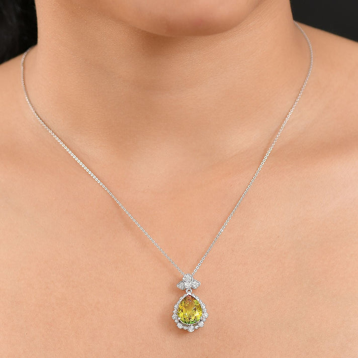 D'joy Rainbow Genesis Quartz &amp; White Zircon Floral Halo Pendant with Chain (Size 20) in Rhodium Overlay Sterling Silver 5.02 Ct. 4393215 2