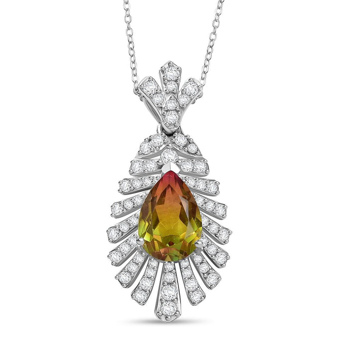 D'joy Rainbow Genesis Quartz &amp; White Zircon Peacock Feather Pendant with Chain (Size 20) in Rhodium Overlay Sterling Silver 3.47 Ct. 4393216 1